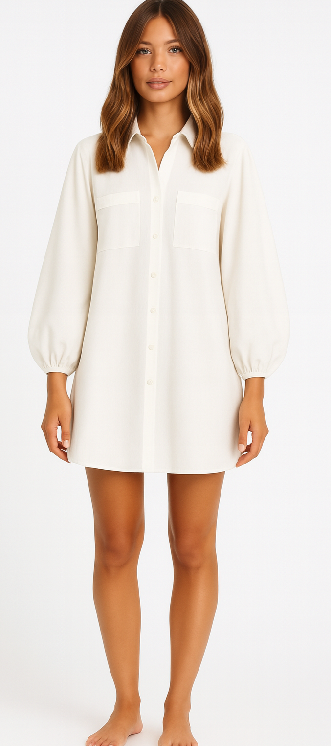 POSTE LUX The Daily Dress – Black or White Cotton Button Front Mini Dress with Sleeves