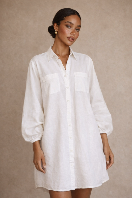 POSTE LUX The Daily Dress – Black or White Cotton Button Front Mini Dress with Sleeves